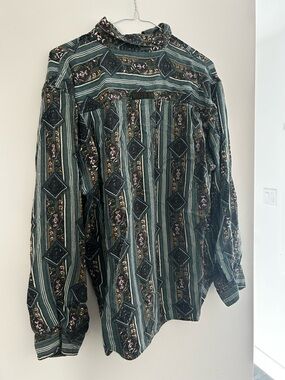 Vintage Point Zero Green & Blue Western Aztec Floral Patterned Button-Down Shirt